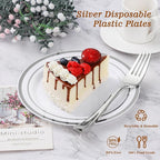 BESTVIP 100PCS Silver Plastic Plates, 10.25 Inch Disposable Dinner Plate Party with Silver Rim for Christmas, Thanksgiving, Heavy Duty Disposable Plastic Plates for Party, Wedding and Birthday, Events