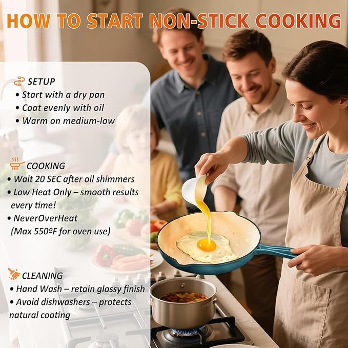 Hisencn Enameled Cast Iron Cookware Set - 7 Piece Dutch Ovens Set, Sauce Pan, Skillet, 3 Lids, Pots and Pans Set, Ceramic Coated Cast Iron, Heavy Duty, Gas/Induction Compatible, PFA Free