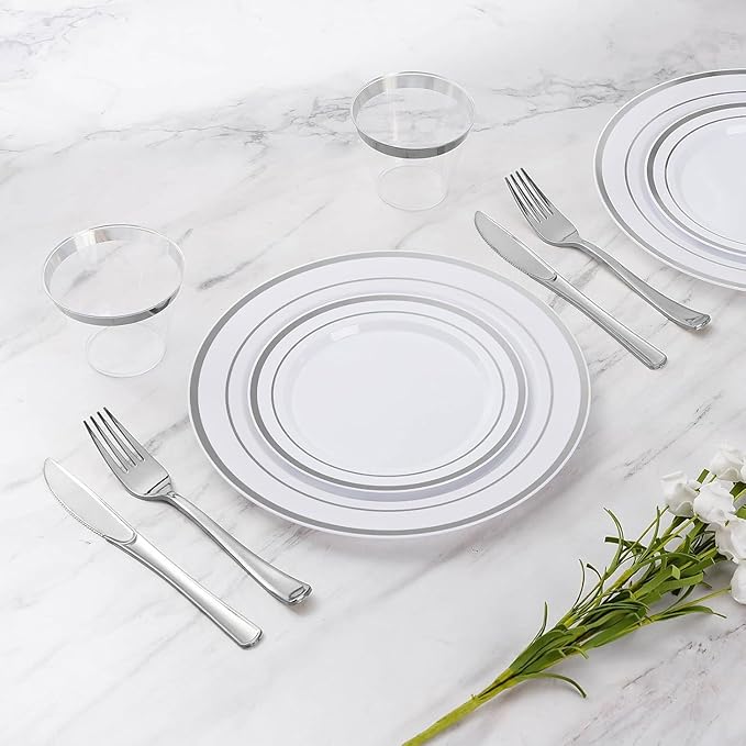 Goodluck 420Pieces silver Disposable Plates for 70 Guests, Plastic Plates for Party, Dinnerware Set of 70 Dinner and 70 Dessert Plates, 70 Spoons, 70 Forks, 70 Knives, 70 Cups