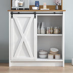 Farmhouse Coffee Bar with Hutch, White Coffee Bar Cabinet with Storage Sliding Barn Door, 31 Inch Buffet Cabinet with 6 Hooks, Coffee Bar Table with Adjustable Shelves for Living Dining Room