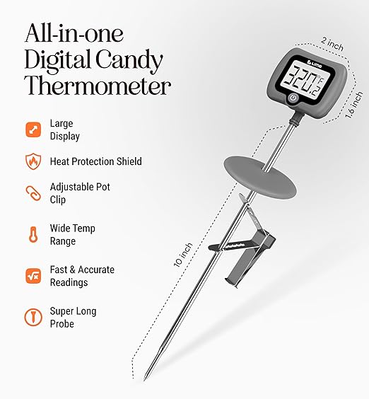 Digital Candy Thermometer with Pot Clip, 10" Long Stainless Steel Probe, Instant Read Kitchen Thermometer for Cooking, Baking, and Candy Making (Gray)