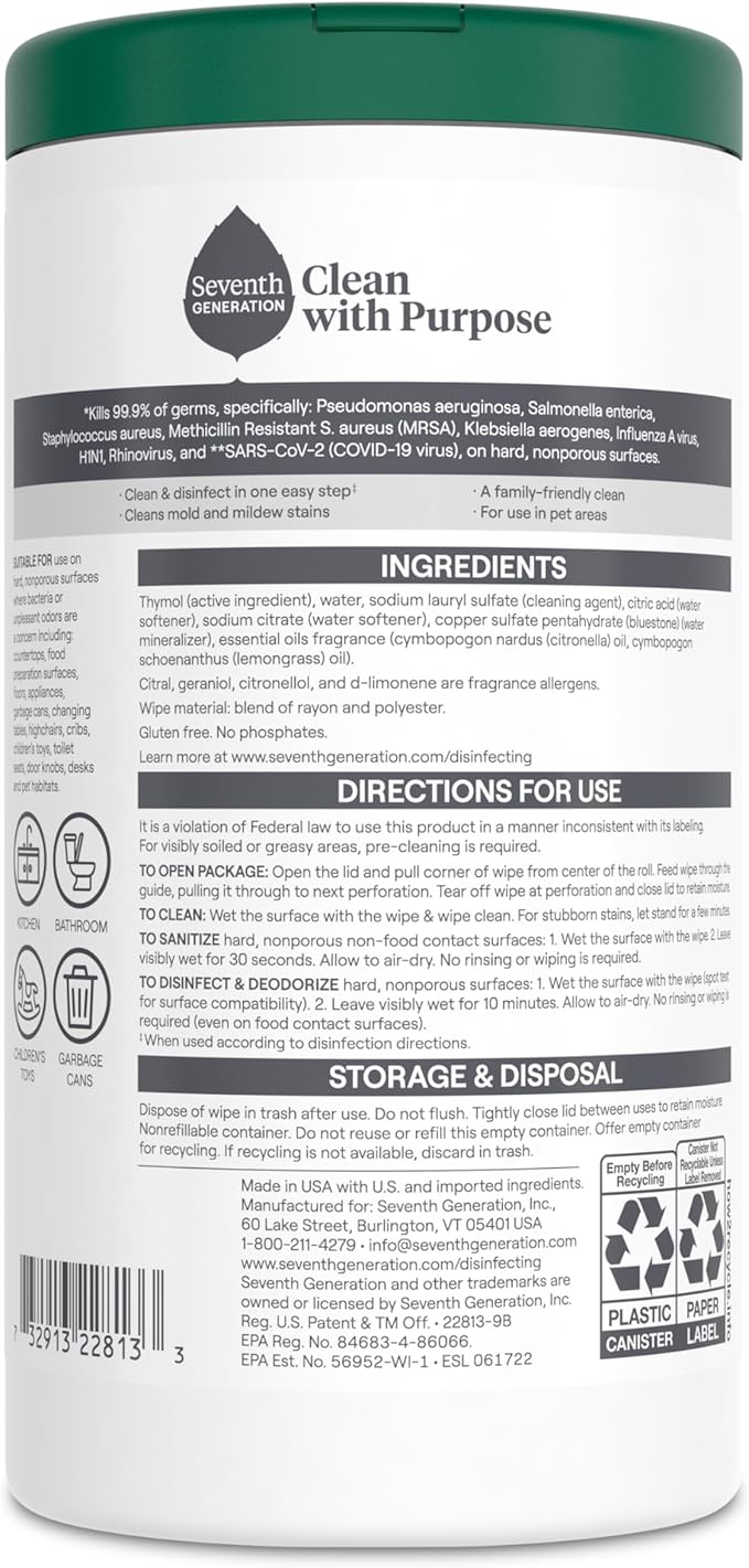 Seventh Generation Disinfecting Multi Surface Wipes, Botanical Disinfectant, 70 Count, Pack of 6