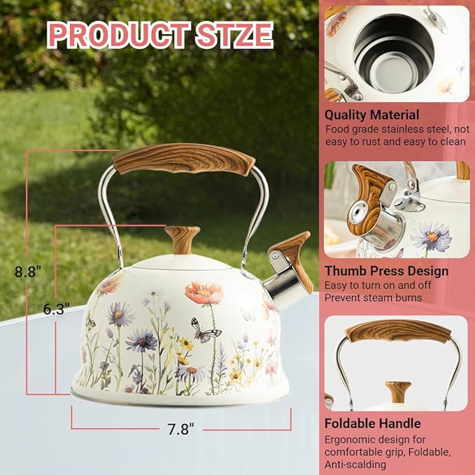 Tea Kettle for Stove Top, 2.7 Quart Whistling Kettle with Floral Pattern for Boiling Water Coffee or Milk, Stainless Steel Tea Pots with Wood Pattern Folding Handle, Work for All Stovetops