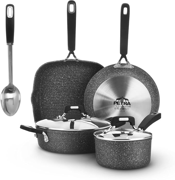 KASANOVA New Petra Dark 7-Pcs Cookware set Nonstick, Induction ready, Aluminum cookware set with glass lids, Frying Pans & Casseroles, PFOA free, with kitchen turner