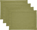 Solino Home Linen Placemats Set of 4 - Classic Hemstitch Avocado Green Placemats 14 x 19 Inch - 100% Pure Linen Table Mats for Winter