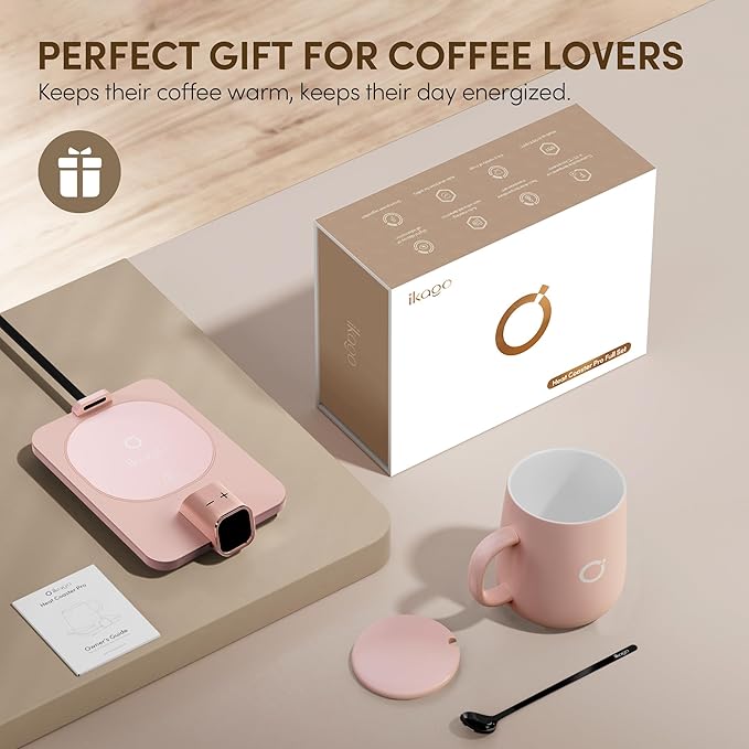 Coffee Mug Warmer & iKago Mug Set, Accurate Temperature Control Smart Heated Mug for Desk, Electric Coffee Warmer with Auto Shut Off & Real-Time Temp Display, Gifts for Men Women, 15oz Ceramic Mug