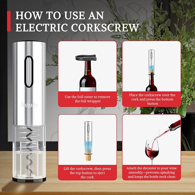5 IN 1 Rechargeable Electric Wine Opener, Stainless Steel Automatic Bottle Corkscrew with Foil Cutter, Vacuum Stopper, Wine Pourer, One Touch Bottle Winer Gift Set for Christmas, Party