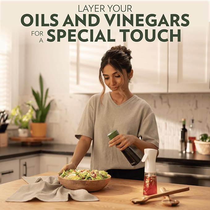 FLAIROSOL OLIVIA SIGNATURE Advanced Kitchen Oil Sprayer Technology, Fine Mist & Portion Control, Refillable Glass Olive Oil Cooking Spray Bottle for Air Fryer, Salad, BBQ, 2 Pack 200ml (Green)