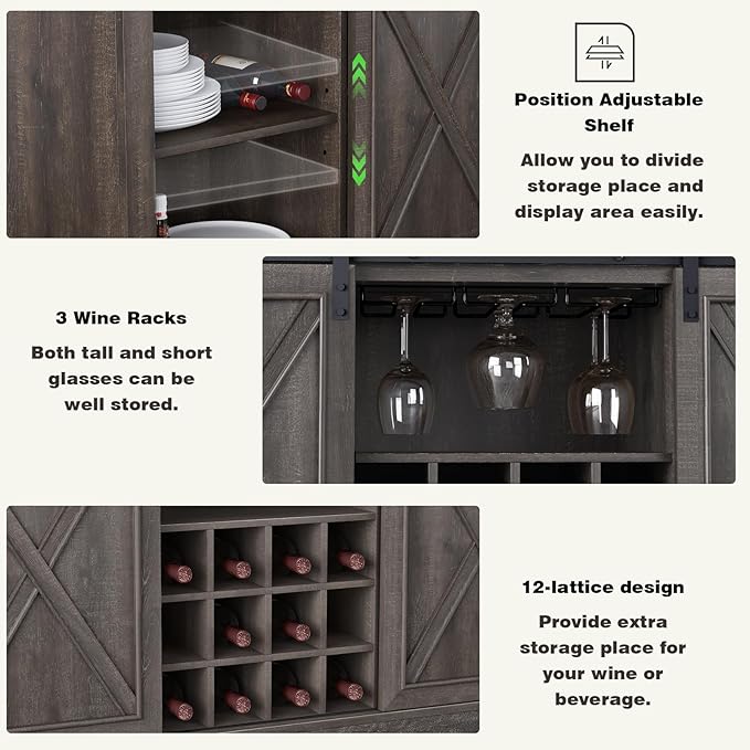 Farmhouse Wine Bar Cabinet with Storage, Liquor Cabinet with Rack for Inside Cabinet, Coffee Bar Cabinet with Sliding Barn Door, Buffet Table for Kitchen, Living Room, 54 Inch (Antique Brown)
