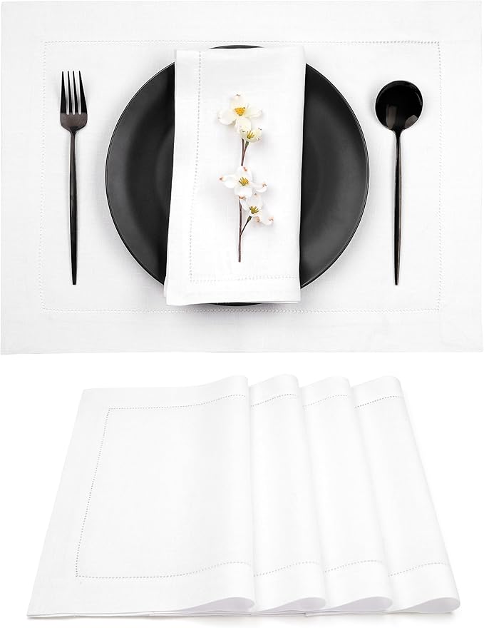 D'Moksha Homes White Linen Placemats Set of 4 - Classic Hemstitch Placemats 14 x 19 Inch - 100% Pure Linen Table Mats for Valentines, Holiday, New Year - Handcrafted and Machine Washable