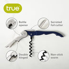 True Truetap Double Hinged Waiter's Corkscrew Wine Opener, Stainless Steel Wine Bottle Opener with Built In Foil Cutter, Bar Cart Accessories, Home Bar Tools, Wedding Gifts, Set of 1, Navy Blue