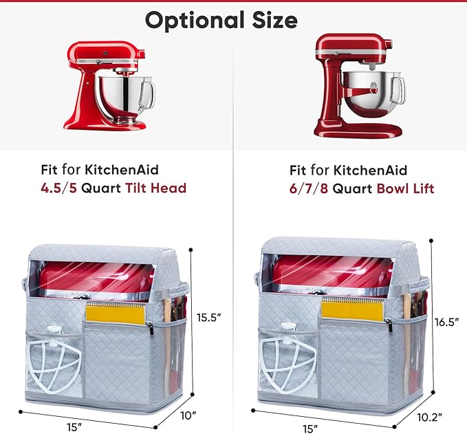 BAGSPRITE Stand Mixer Cover with Detachable Appliance Sliders Base Compatible with KitchenAid Mixer-Storage Bag for 6/7/8 Quart with Pockets for Kitchen Aid Accessories and Attachments