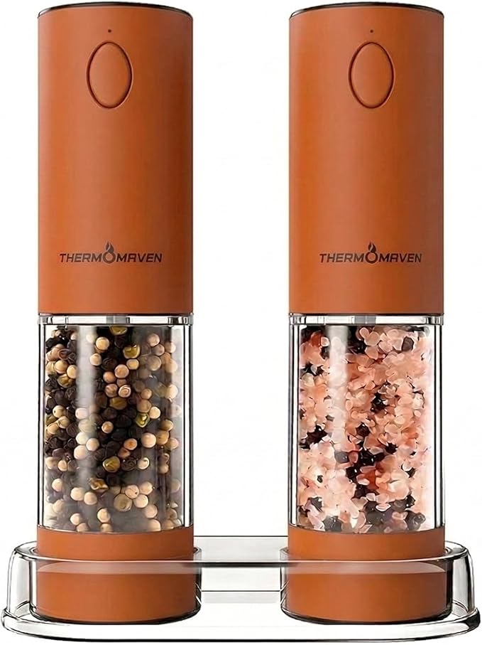 ThermoMaven Electric Salt and Pepper Grinder Set, 110ml Larger Rechargeable Automatic Salt and Pepper Mill Grinder with 6 Adjustable Coarseness, Electric Salt and Pepper Shakers, LED, Burnt Orange