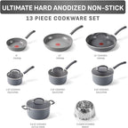 T-Fal Ultimate Hard Anodized Nonstick 13 Piece Cookware Set, Oven Safe Up to 400°F, Pots and Pans Set, Includes Frying Pans, Saucepan, Stockpot, Cooking Utensils, Stone