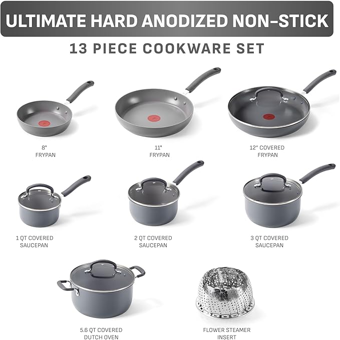 T-Fal Ultimate Hard Anodized Nonstick 13 Piece Cookware Set, Oven Safe Up to 400°F, Pots and Pans Set, Includes Frying Pans, Saucepan, Stockpot, Cooking Utensils, Stone