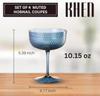 Khen Muted Hobnail Coupes Vintage Textured Pastel Style Cocktail Martini Champagne Saucer Retro Colored Glass Goblets |Set of 4 | 10.15oz Durable Glassware Decorative Barware Classic Party Drink