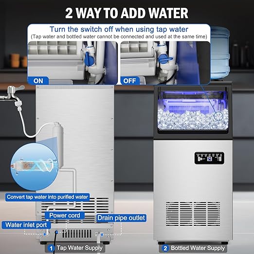 Commercial Ice Maker Machine 110 LBS/24H, 36 Ice Trays Freestanding & Undercounter Ice Machine Stainless Steel with 20 LBS Ice Storage Capacity, Ice Maker with Water Line and Filter, Dual Water Inlet