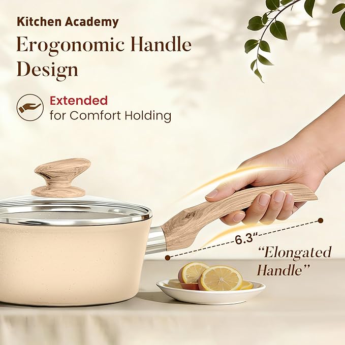 Kitchen Academy 12-Piece Induction Cookware Set, Nonstick Granite Pots and Pans in Beige