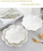 Porcelain Serving Dish,Ceramics Flower Relish Tray with Metallic Rim,Serving Bowls for Wedding,Party Perfect for Small Cereal, Pasta, Salad, Candy and Snacks White 9 inch