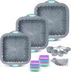 To encounter 44 Pieces Silicone Square Cake Pans Set, 3 Sizes Silicone Fluted Cake Pan with Reusable Baking Cups, Food Grade Baking Molds for Brownie, Bread, Muffin, Light Grey