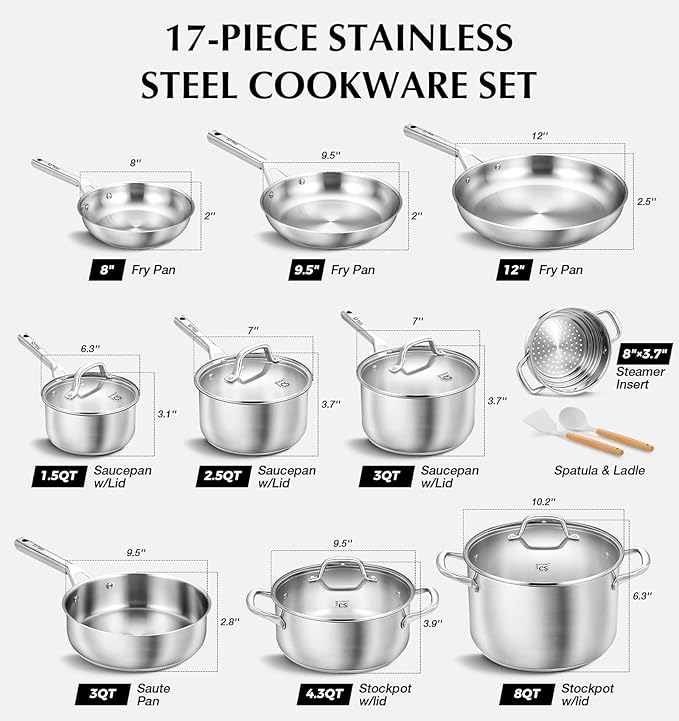 KOCH SYSTEME CS Stainless Steel Cookware Set 17 Piece, Professional 18/10 Stianless Steel Pots and Pans Set, 5-Layer Stainless Base, Oven Safe, Induction Ready, Non-Toxic Kitchen Cookware Set