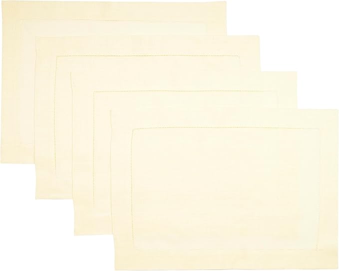 D'Moksha Homes Cream Linen Cloth Placemats Set of 4-100% Pure Linen Hemstitch Placemats 14 x 19 Inch - Classic Hemstitch Table Place Mats for Holiday - Handcrafted and Machine Washable