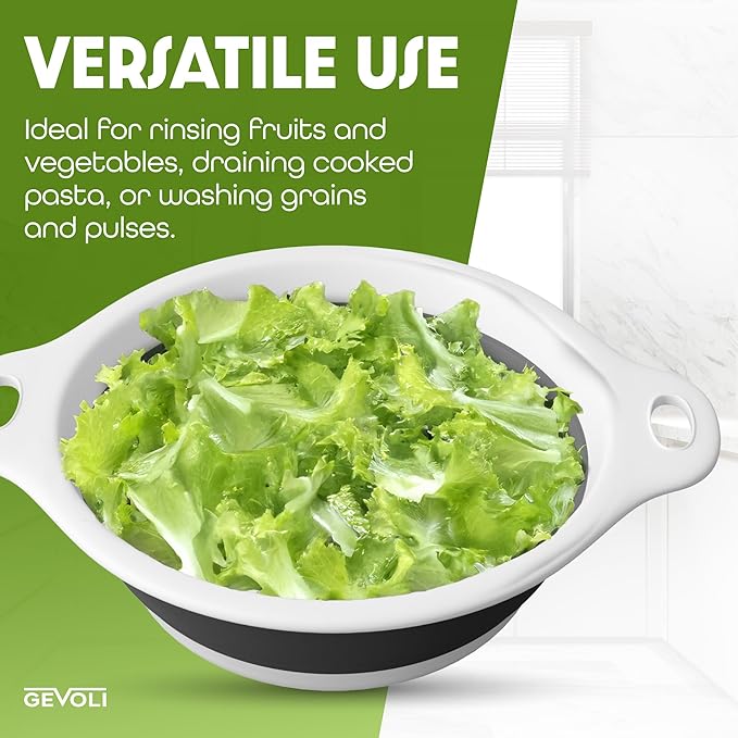 Gevoli Collapsible Colander Strainer, Includes Over-sink Countertop Draining Base (5QT) Large Kitchen Drainer for Vegetables Fruit and Pasta, Round Foldable Draining Basket, Easy Storage (White)