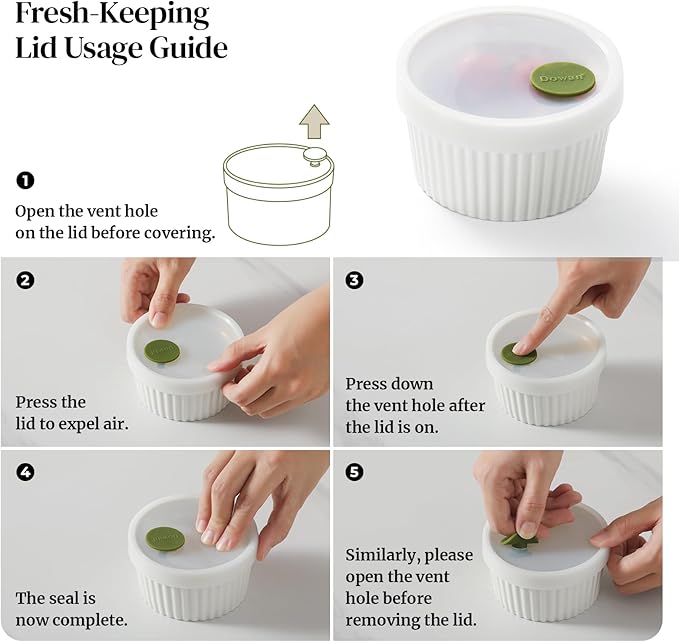 DOWAN Ramekins with lids 6 oz, Creme Brulee Ramiken Oven Safe, Ceramic Baking Bowls Souffle Dishes, Custard Cups Charcuterie Boards Bowls Dipping Sauces, Set of 6, White