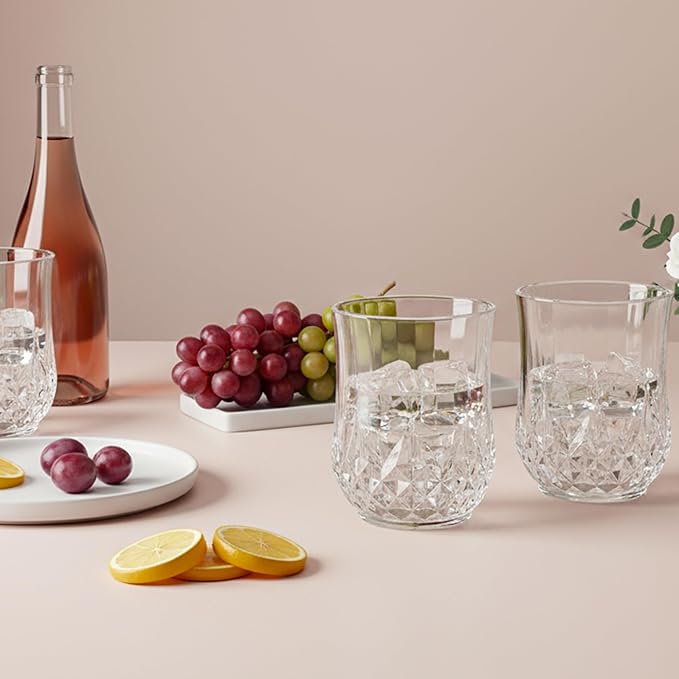24 Pack Plastic Stemless Wine Glasses,12oz Unbreakable Vintage Elegant Drinking Glass Set,Reusable Fancy Cocktail Cups for Party, Wedding, and Bulk Events (24, 12oz-Transparent)