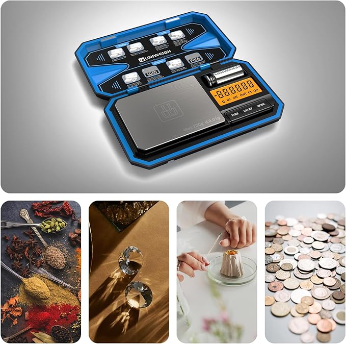 UNIWEIGH Digital Pocket Scale 200g/0.01g, Digital Gram Scale, Mini Jewelry Scales Digital Weight Grams with 50g Cal Weights for Food,Jewelry,Coins,Small Items,Coffee (Battery Included)-Blue