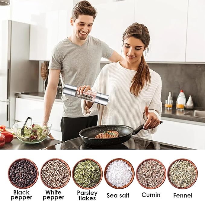 Salt and Pepper Shakers Grinder Set,2 in 1 Salt Grinder Refillable,Salt Shaker,Pepper Grinder（Stainless Steel - 8.7 Inch)