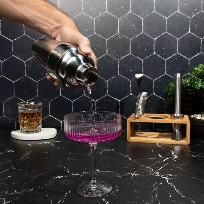 Premium Cocktail Shaker Set with Bamboo Stand, 4-Piece Bar Tools Kit, Stainless Steel Bartender Set with Shaker, Jigger, Mixing Spoon, and Strainer