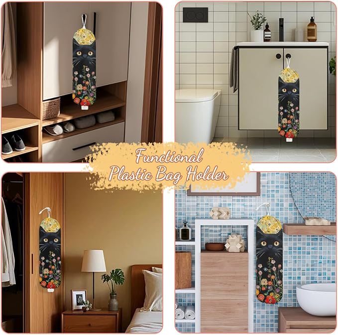 Flower Cat Plastic Bag Holder, Wall Mount Grocery Bag Holder, Plastic Storage bag, Pull Rope Free Adjustment, Plastic Bag Holders for Grocery Bags, Plastic Bag Dispenser for Home Kitchen Cabinet