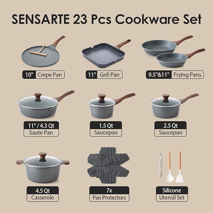 SENSARTE Nonstick Cookware Set, 23 Piece Pots and Pans Set with Swiss Granite Coating, Healthy Non Stick Kitchen Cooking Set, Stay-Cool Handles, Gray