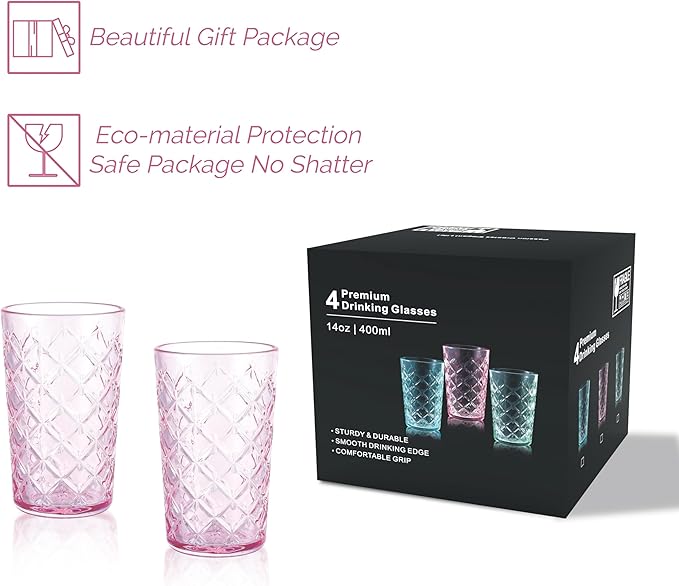 Drinking Highball Glasses Set of 4, Vintage Cross Hatch Glass Cups, 15.5oz Tall Drinking Water Glasses, Dishwasher Safe Pink Glass Tumbler Glassware for Water, Juice, Cocktail, Coffee, Whiskey
