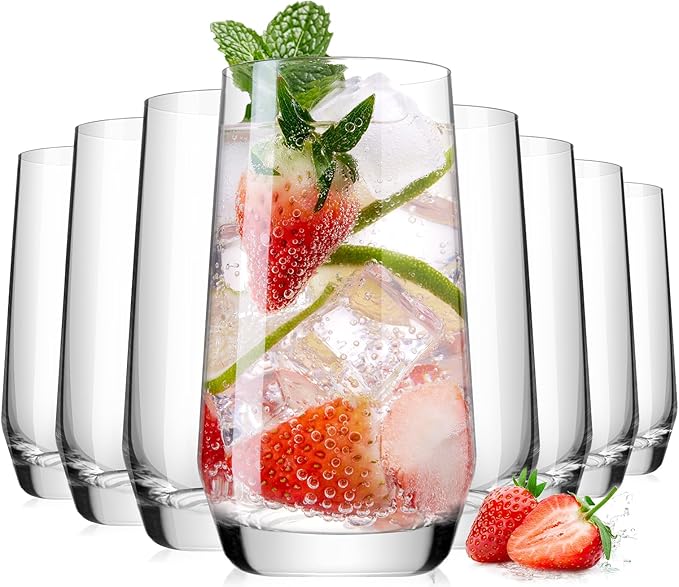 16.2oz Drinking Glasses Set of 8, Tall Water Highball Glasses, Unique Design Lead-Free Crystal Glassware, Glass Cups for Mojito and Mixed Drink Cocktail Glass Set