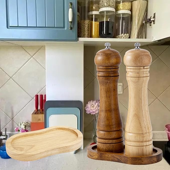 Salt and Pepper Wood Mill Tray, Retro Colour Pepper Grinder Rest, Work Surface and Dining Table Protector (Pepper Mill not Included)