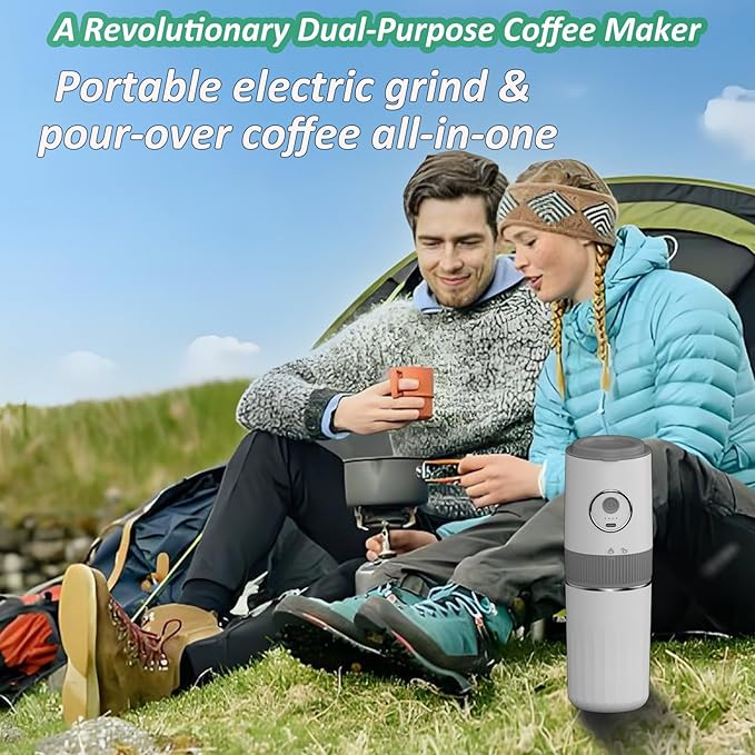 Portable Electric Coffee Grinder and Brewing Kit, Rechargeable, Conical Burr Coffee Grinder with Filter, 32g Capacity & 320 ml Coffee Cup for Camping, Travel, Office, Espresso, Pour Over, etc (White)