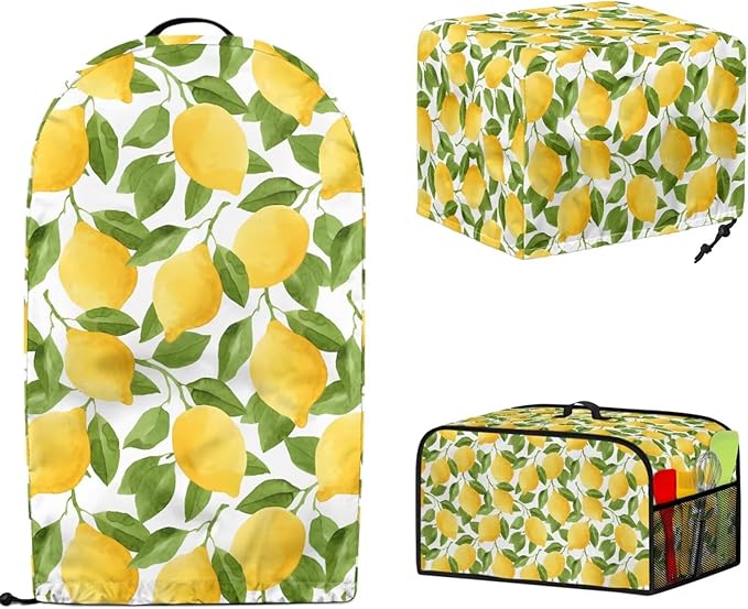 Lemon Kitchen Appliance Cover Set Waffles Maker Oven Dust Food Processor Hood Lightweight Slow Cooker Dust Covers with Side Pockets 3PCS