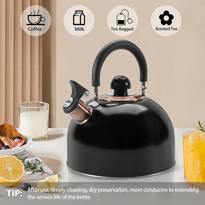 Tea Kettle,Whistling Tea Kettle Stovetop 2.6 Quart, Tea Pots for Stove Top Food Grade Stainless Steel,Wood Pattern Handle(Black),With Anti Scald Towel