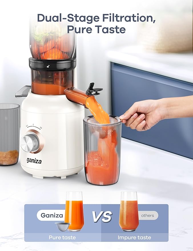 Ganiza Juicer Machines, Cold Press Juicer with Large Feed Chute for Whole Fruits & Vegetables, Slow Masticating juicers with 3 Replace Filters for Batch Juicing, Easy to Clean, BPA Free (White)
