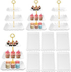 10 Pack Dessert Table Display Set - 4 x Three-Tier Square Cupcake Stands and 6 x Serving Trays, Elegant Tableware for Cakes, Cupcakes, Pastries, and Snacks, Perfect for Parties (White)