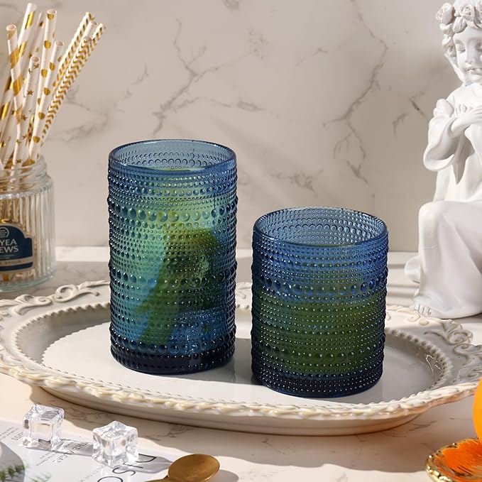 Moretoes Hobnail Drinking Glasses Set of 16, 12 Oz Highball Glasses & 10 Oz Cocktail Glasses, Clear Embossed Boho Glass Cups Kitchen Bar Tumbler Glassware Set for Whiskey, Beer, Juice, Milk (Blue)