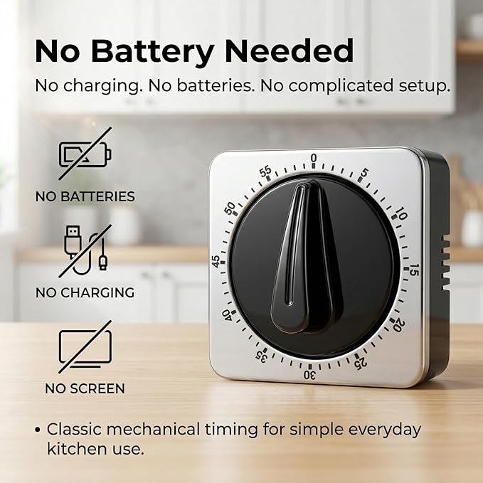 Searon Mechanical Kitchen Timer, Magnetic Manual Countdown Timer with Loud Ring, Stainless Steel, No Battery Needed, Easy to Use for Cooking and Baking