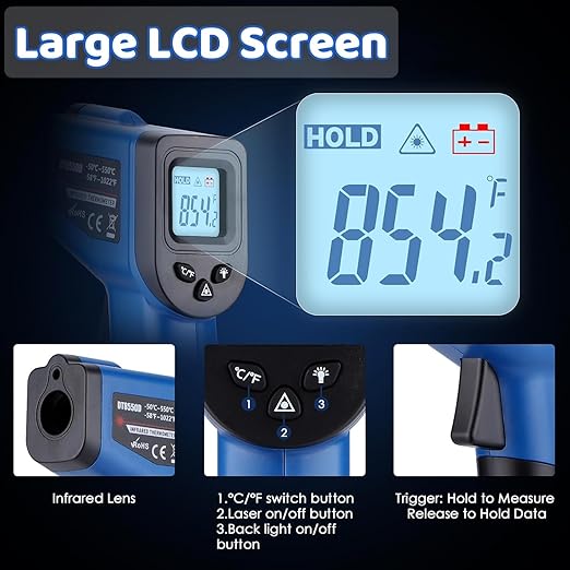 Infrared Thermometer Gun for Cooking, Digital Laser Temperature Thermometer -58℉~1022℉ IR Thermometer Gun for Blackstone Pizza Oven Deep Frying Other Daily Uses with Hard Carrying Case (NOT for Human)