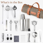 Etens Travel Bartender Kit – 22-Pc Bartending Kit with Bar Tools Bartender Accessories, Waxed Canvas Tool Bag – Professional Stainless Steel Bar Tools Set with Standard Jigger, Unbreakable Squeezer