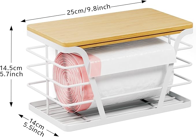 Small Grocery Bag Holder, Trash Bag Dispenser with Removable Bamboo Top, No Drill,White
