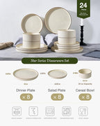 Famiware Star 24-Piece Stoneware Dinnerware Sets with Trim, Service for 8 - Ceramic Plates and Bowls Set, Ribbed Dishes with High Edge, Chip & Scratch Resistant, Microwave & Dishwasher Safe, Cream
