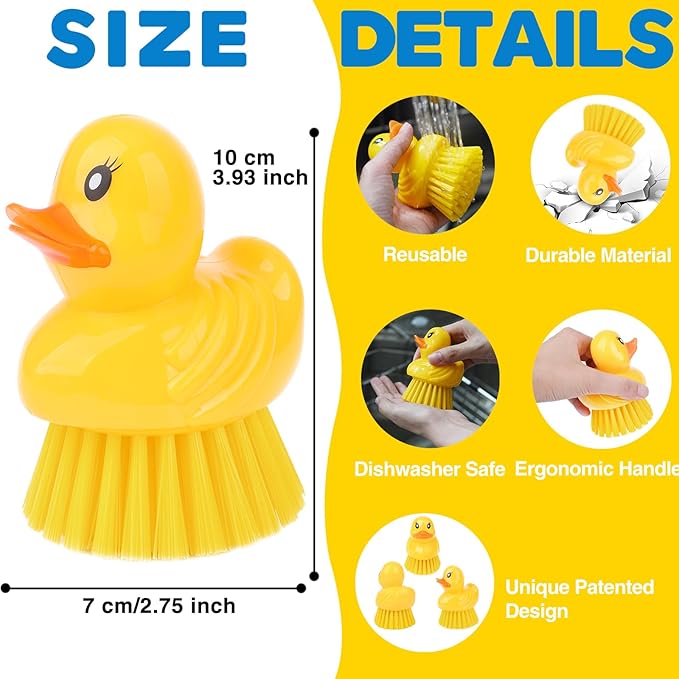 GTOTd Cute Ducky Washing Dish Brush（2 Pack）Ergonomic Palm Scrubber with Handle for Potato Vegetable Fruit Kitchen Gadgets White Elephant Gifts Accessories Stuff Household Cleaning Dishwashing Supplies