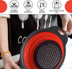 Red Round Silicone Collapsible Colander – Silicone Round Kitchen Strainers with Plastic Handles Foldable Kitchen Strainer Small Perfect for Draining Pasta Vegetable and Fruit